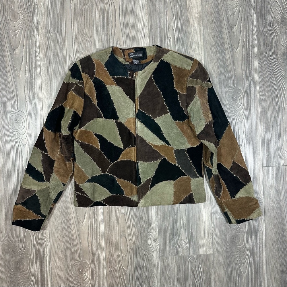 Vintage Karen‎ Arnold Patchwork Suede Leather Jacket Brown Zip Front Size 8